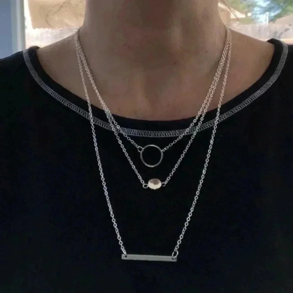 Triple Chain Simple Circles Bar Silver Fashion Statement Long Necklace NWT